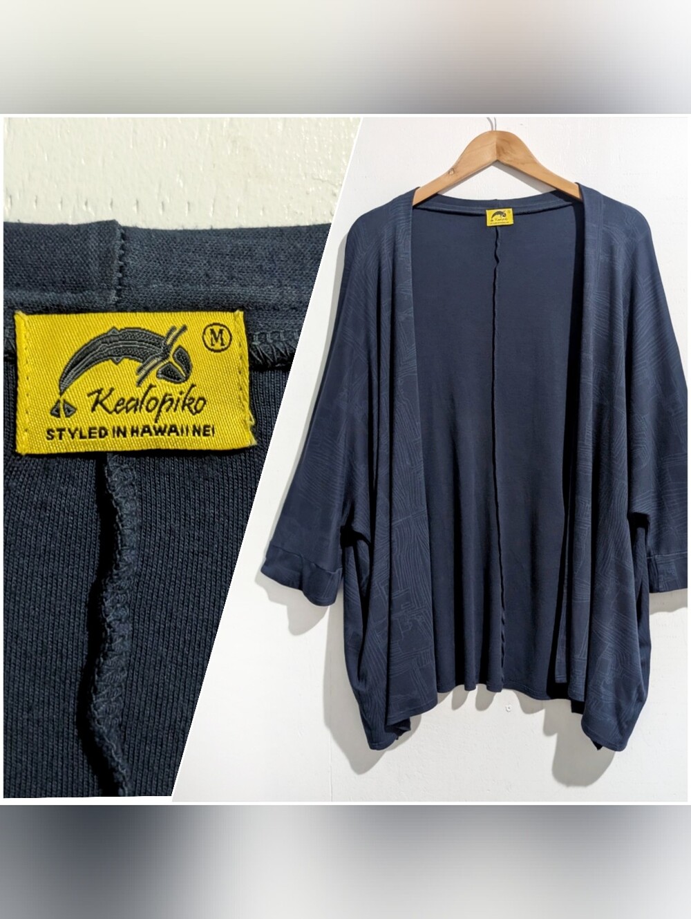 Kealopiko Open Front Cardigan Makamaka collection Blue pockets Size M